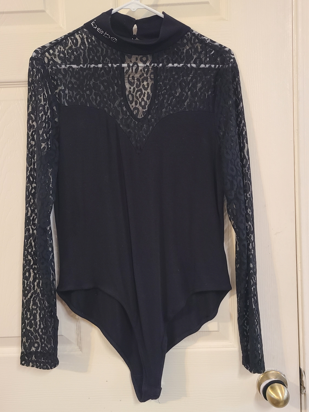 bebe Black Lace Mock Neck Long-Sleeve Bodysuit